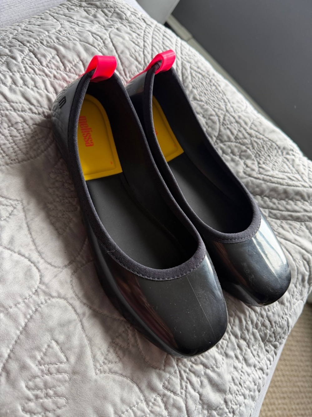 melissa Black Glossy Ballet Flats with Hot Pink Heel Tabs